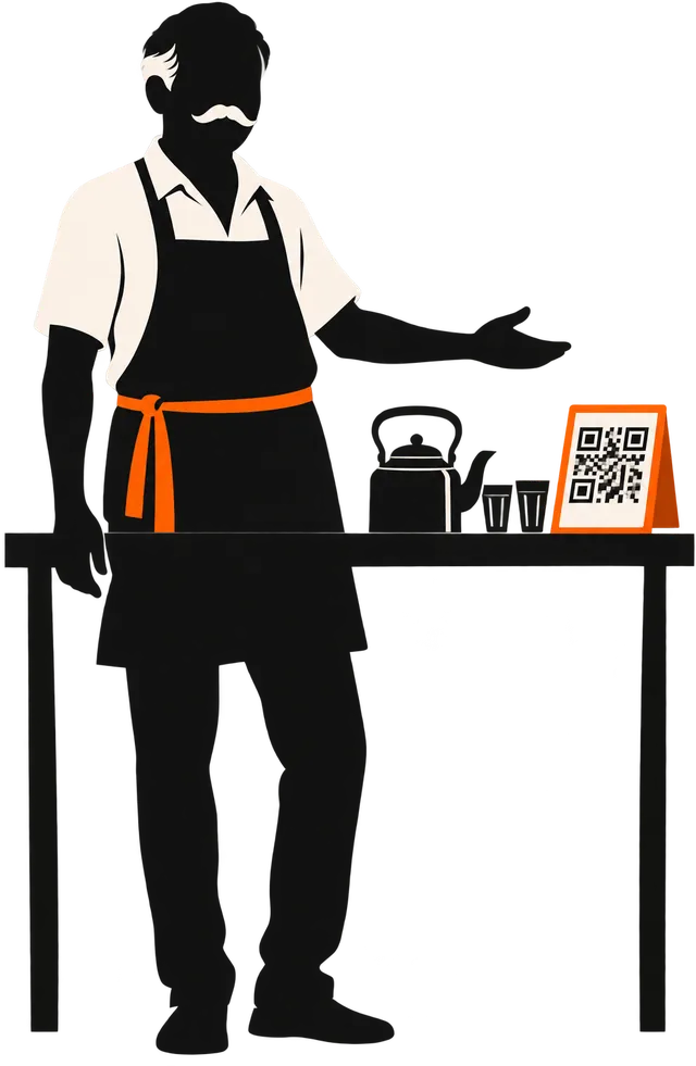 Illustration: a tea-stall owner beside a glowing Scan and Pay standee.