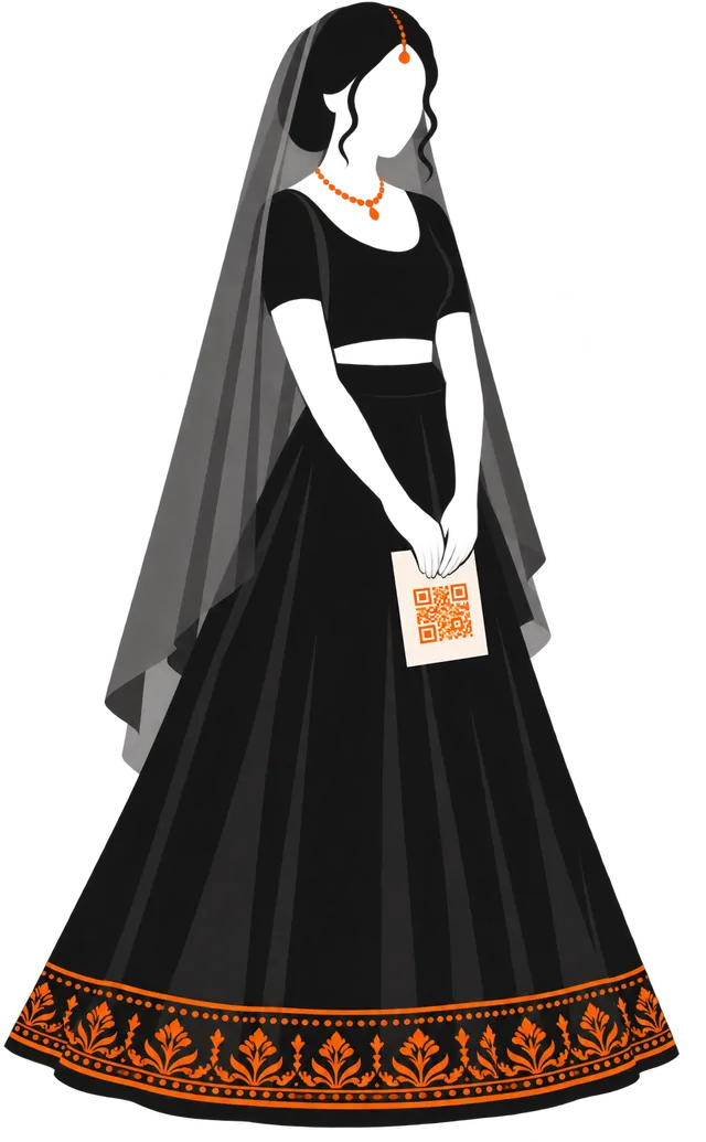 Illustration: a bride holding an invitation printed with a QR code.