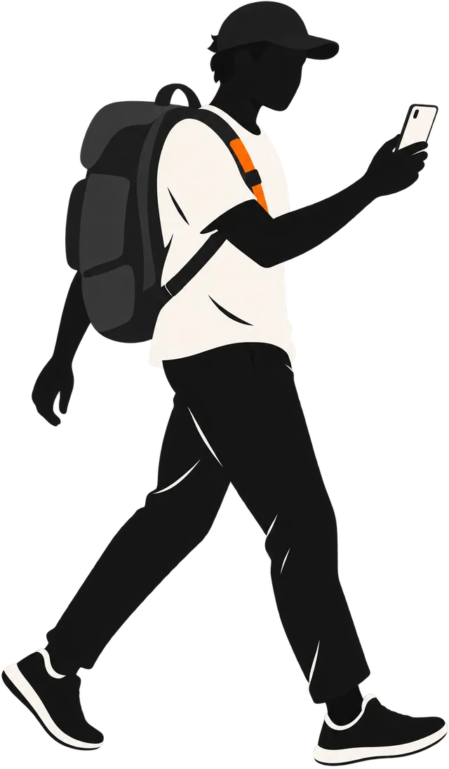 Illustration: a traveller with a backpack scanning a sign.