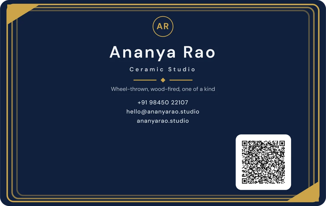 A navy and gold visiting card for Ananya Rao, Ceramic Studio, with a QR code in the corner.