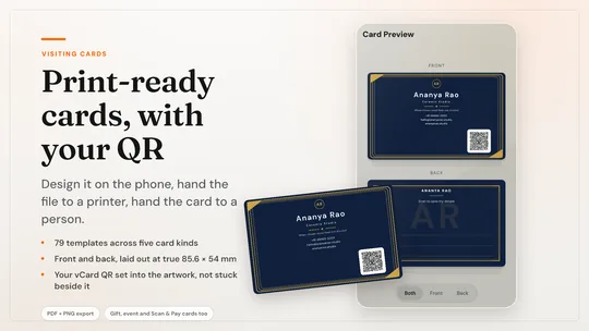The card studio: a navy and gold visiting card, front and back.