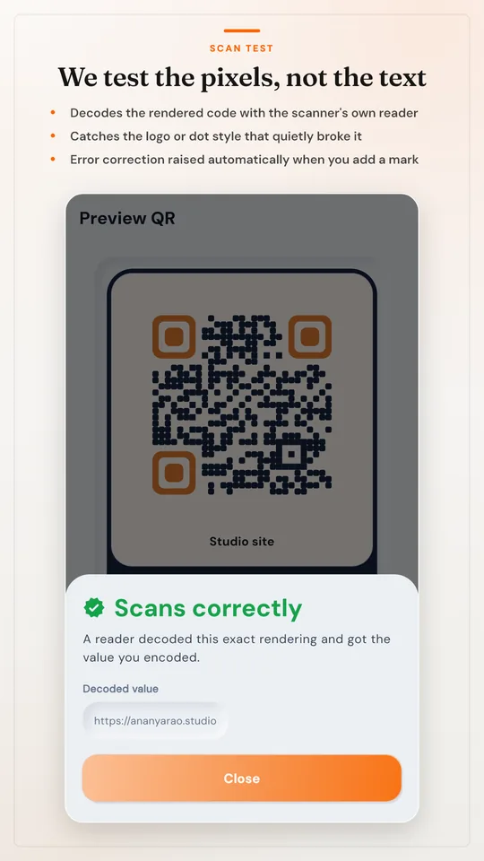Scan test: the preview screen confirming the styled code scans correctly.