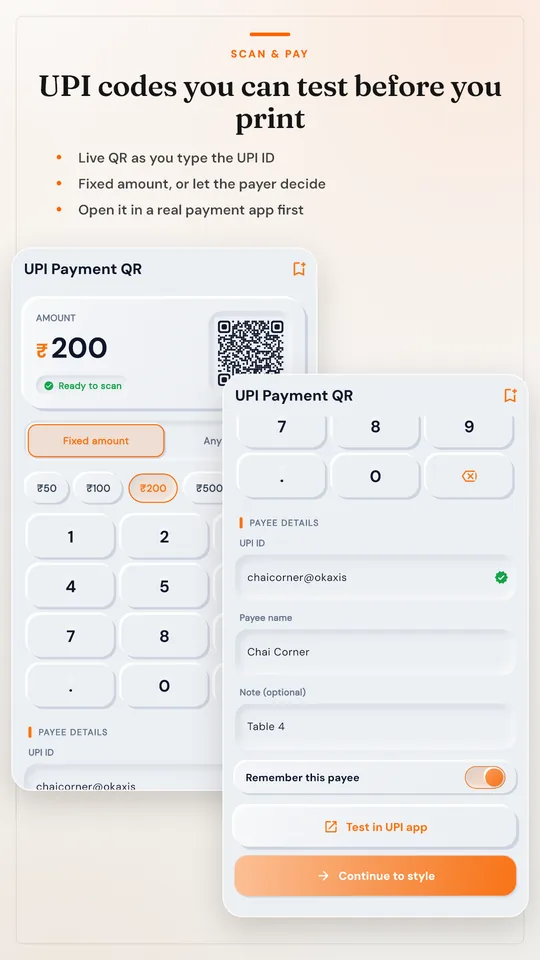 The UPI builder with a ₹200 amount, keypad and live code.