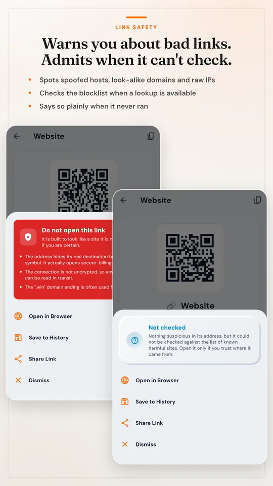 Two link safety sheets: a red Do not open this link warning and a blue Not checked notice.