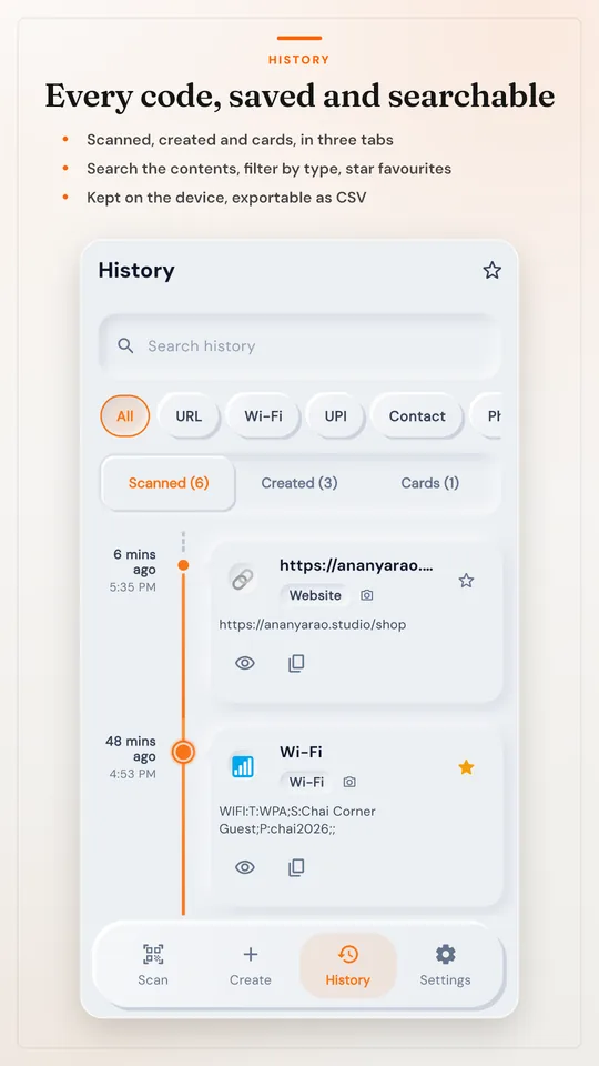 History: search, type filters and a timeline of scanned codes.