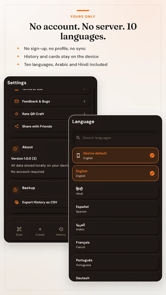 Settings in Midnight Orange showing no account required, and the language list.