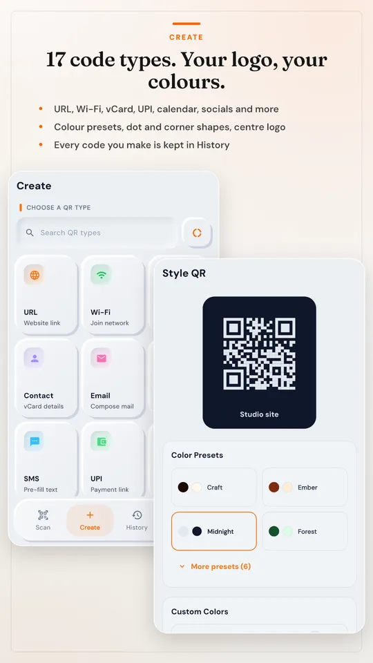 The Create grid and the Style QR panel with colour presets.